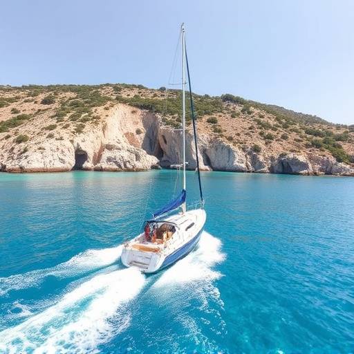 Barco navegando por la costa de las Islas Baleares con aguas cristalinas