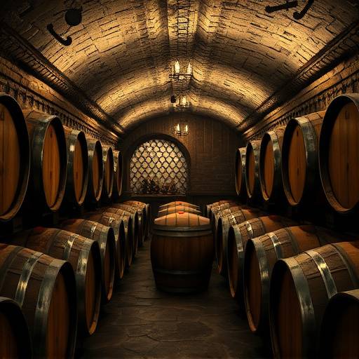 Bodega antigua con barricas de vino y ambiente acogedor