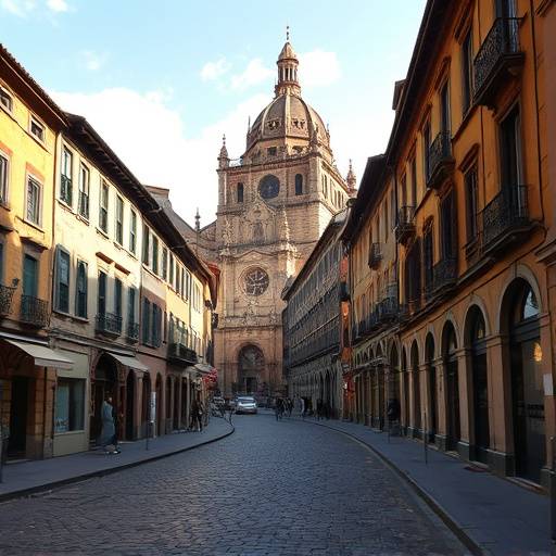 Calle empedrada en el casco antiguo de Toledo con la Catedral al fondo
