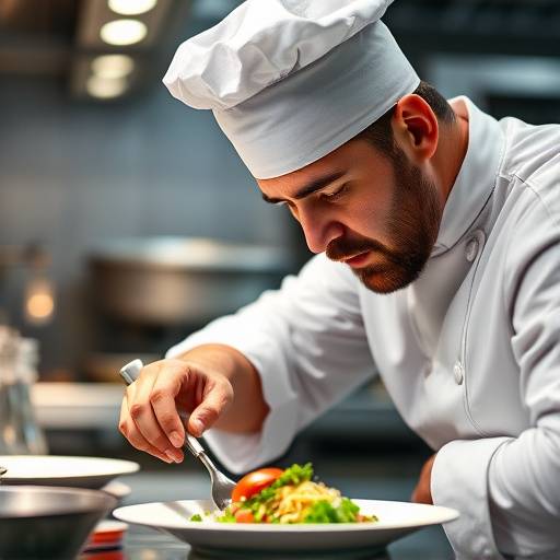 Chef concentrado en la preparaci&radic;&ge;n de un plato en una cocina profesional