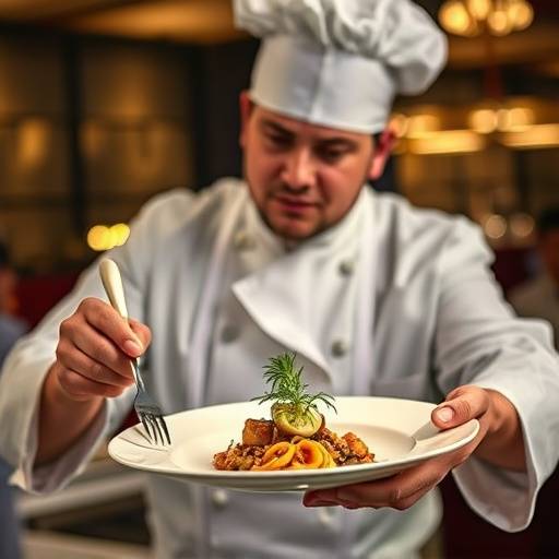 Chef presentando un plato meticulosamente decorado