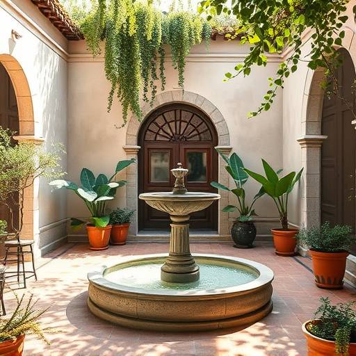 Detalle de un patio andaluz con fuente central y plantas