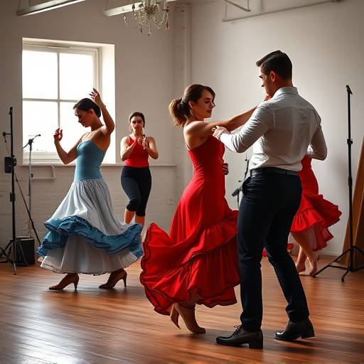 Estudiantes de flamenco practicando pasos con su instructor