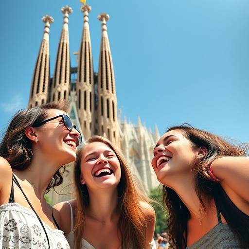 Familia riendo mientras visita la Sagrada Familia en Barcelona