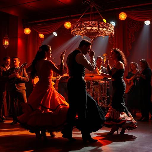Imagen de un tablao flamenco con bailarines en movimiento