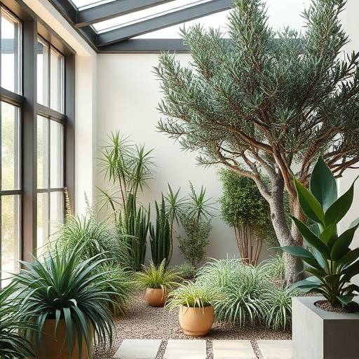 Jard&radic;&ne;n interior con olivos y plantas mediterr&radic;&deg;neas