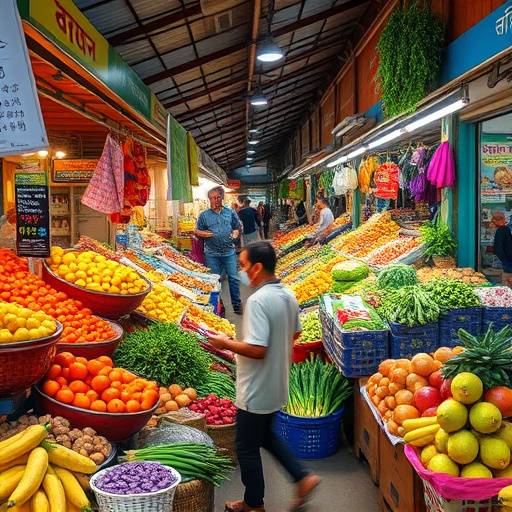 Mercado local vibrante con productos frescos y puestos coloridos