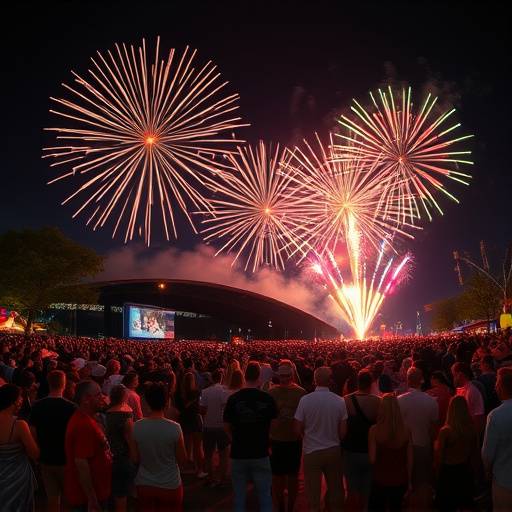 Multitud disfrutando de fuegos artificiales en una noche de verano