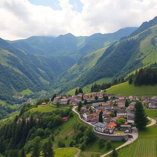 Paisaje verde y monta&radic;&plusmn;oso del Pa&radic;&ne;s Vasco con un pueblo pintoresco.