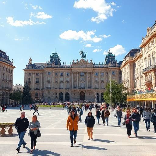 Palacio Real de Madrid y la Plaza de Oriente con gente paseando.