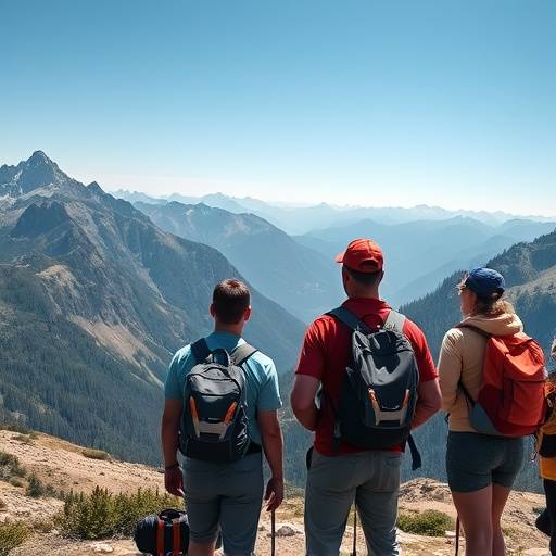 Pareja de excursionistas admirando un paisaje monta&radic;&plusmn;oso