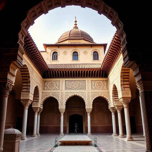 Patio de los Leones en la Alhambra, Granada, mostrando arquitectura isl&radic;&deg;mica.