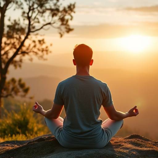 Persona meditando en un entorno natural sereno al amanecer