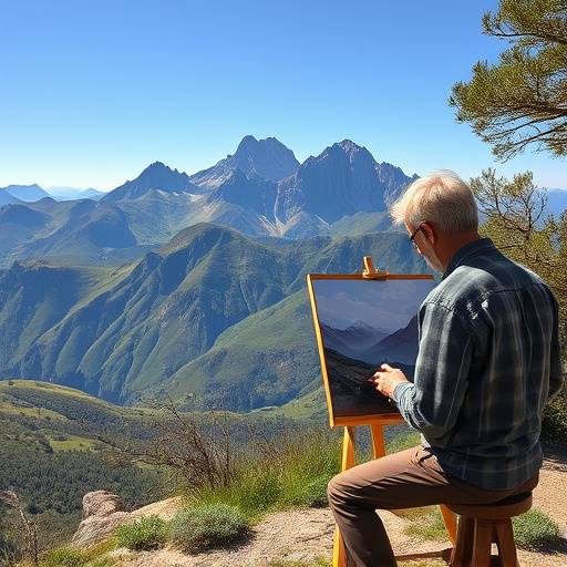 Pintor trabajando al aire libre en un paisaje de los Picos de Europa