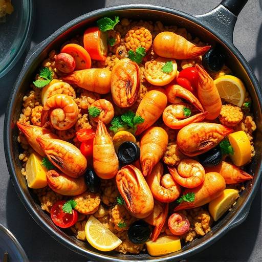Plato de paella vibrante lleno de mariscos y verduras