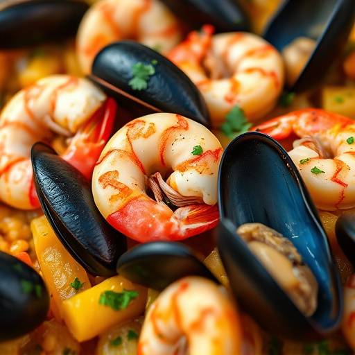 Primer plano de una paella valenciana reci&eacute;n hecha con gambas y mejillones