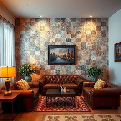 Sal&radic;&ge;n con azulejos decorativos en la pared y muebles de cuero