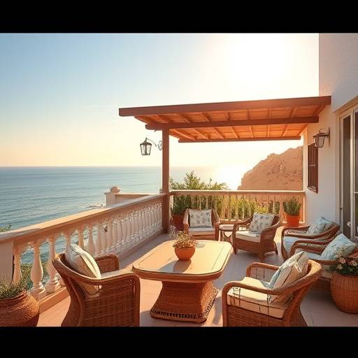 Terraza soleada con vistas al mar Mediterr&radic;&deg;neo y mobiliario de mimbre