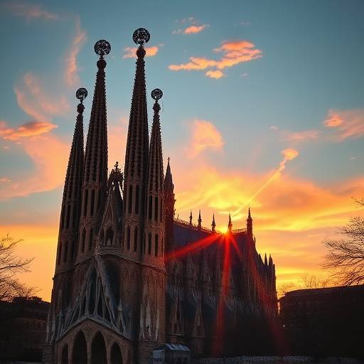 Vista de la Sagrada Familia de Gaud&radic;&ne; en Barcelona, Catalu&radic;&plusmn;a, al atardecer.